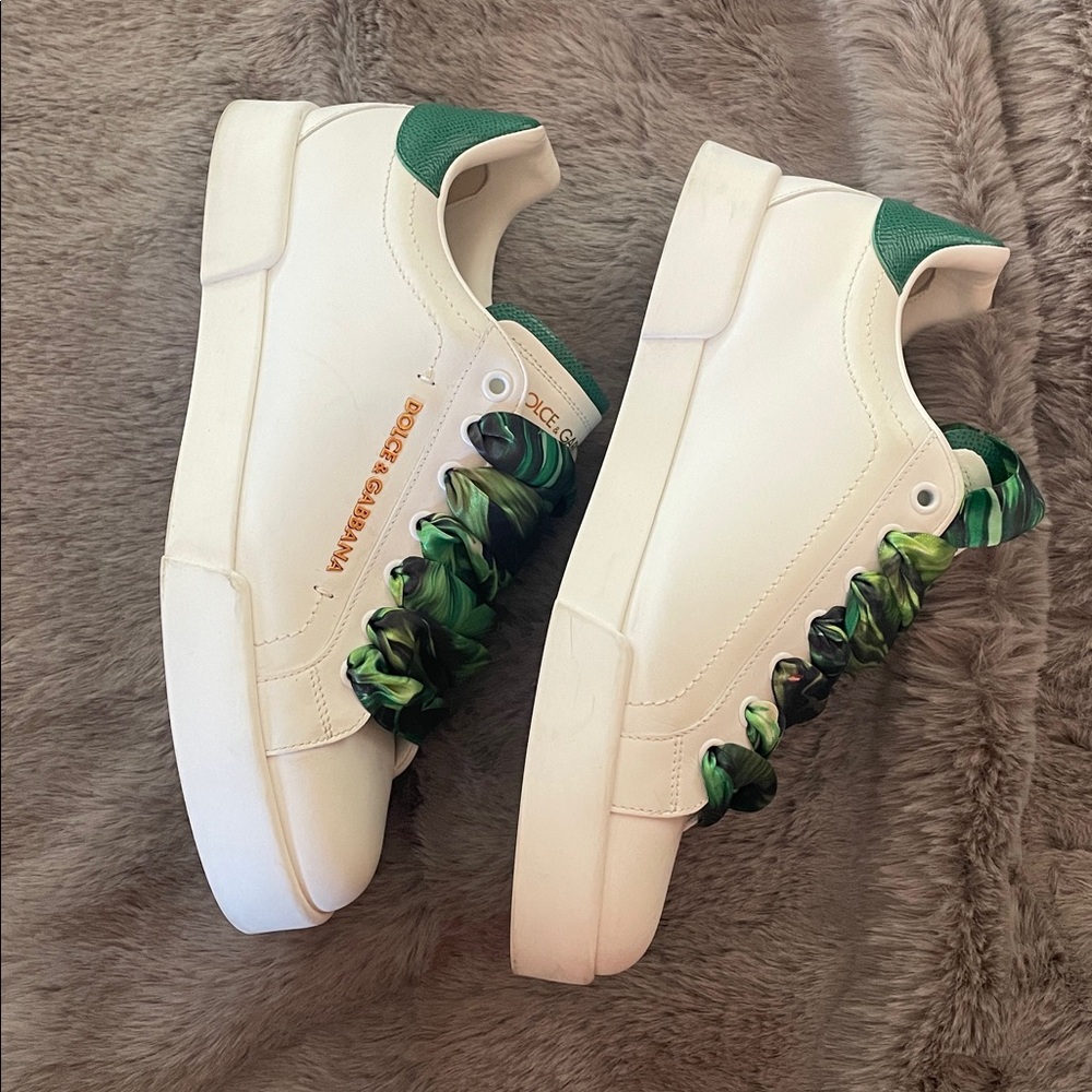 Dolce & Gabbana White Sneakers with Leafy Green Laces